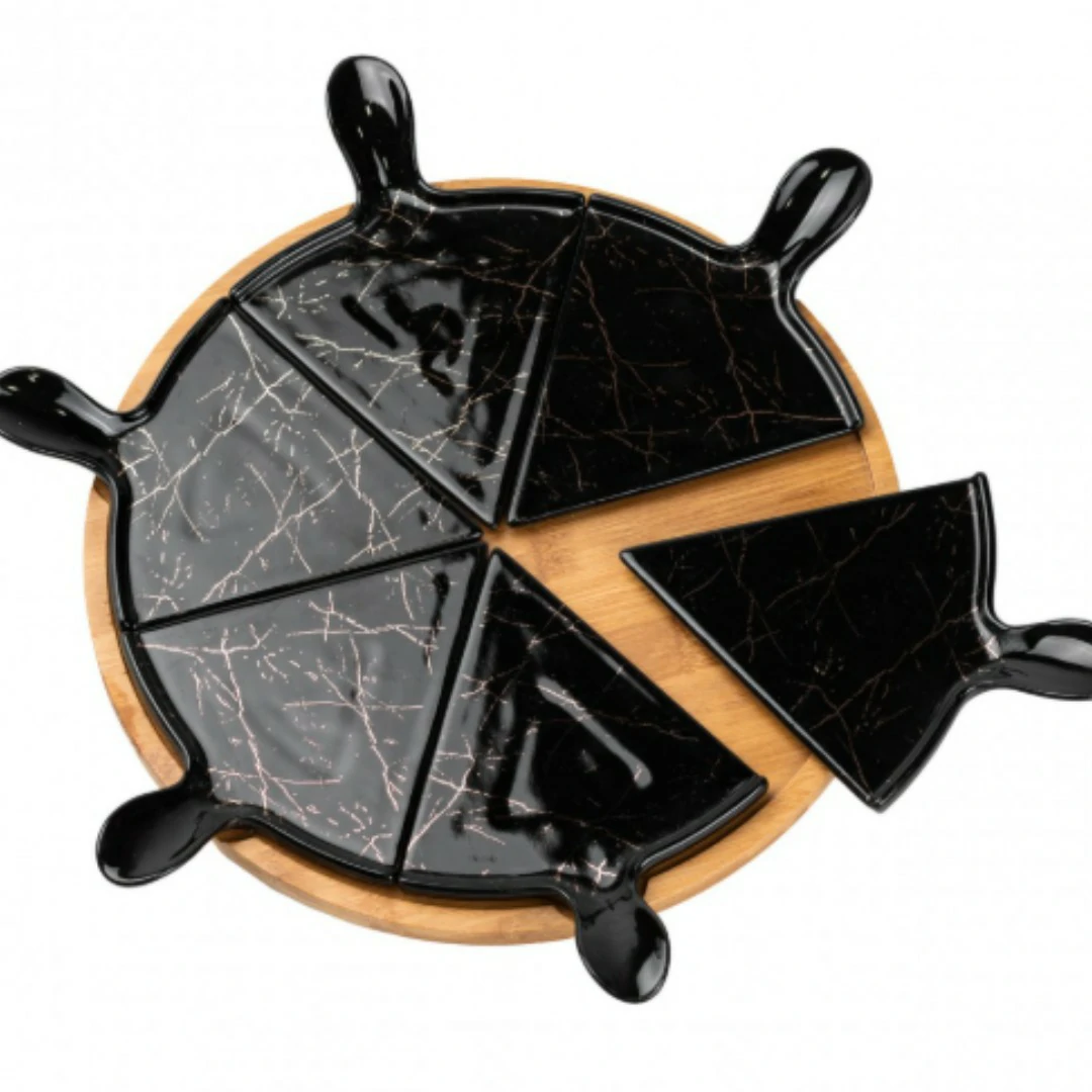 Assiette à pizza 28 cm en céramique avec support rotatif en bambou