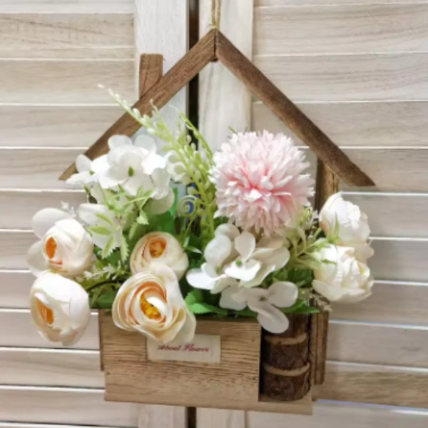 Pot en Bois avec Fleurs Artificielles pour Décoration Murale