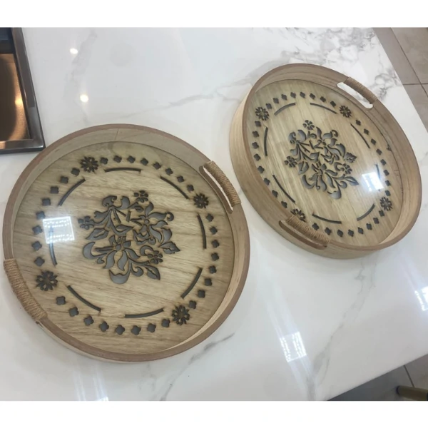 Plateau à Servir en Bois 2pcs – Élégance Florale