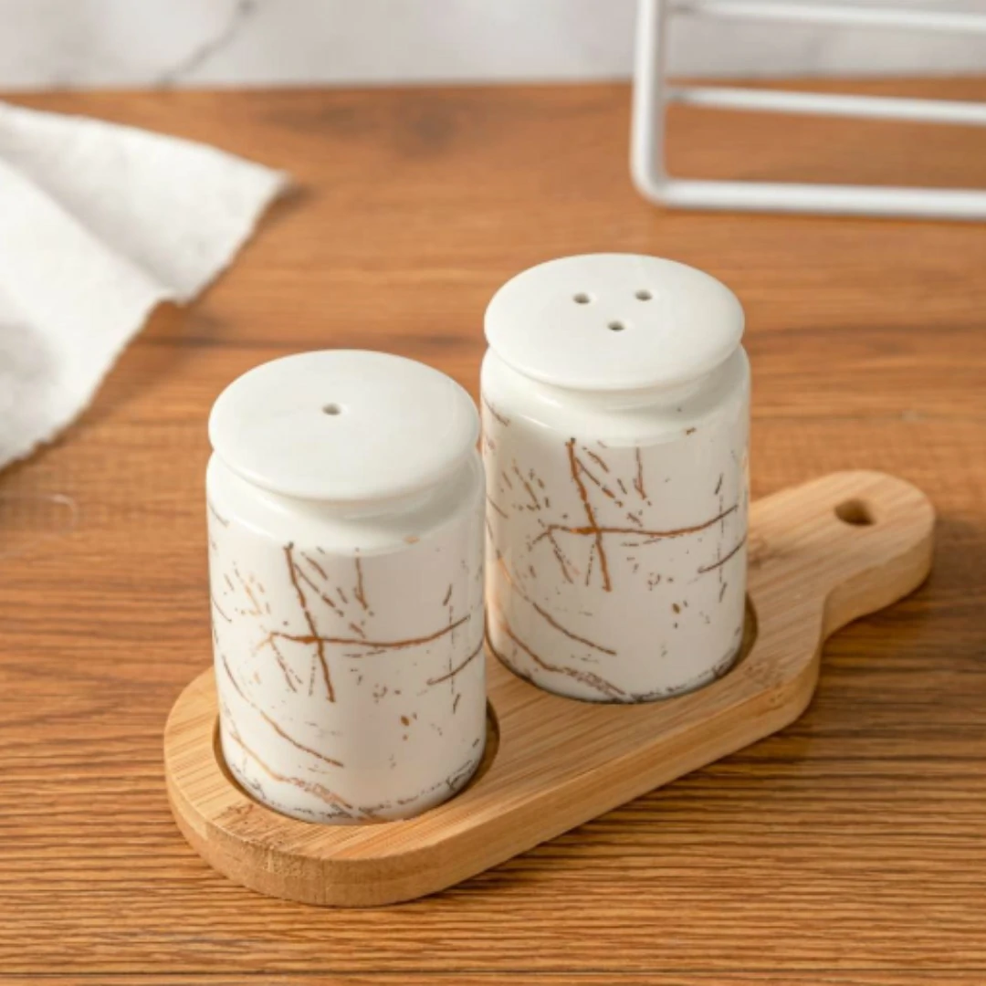 Salière et Poivrière en Porcelaine 2Pcs + Support en Banbou