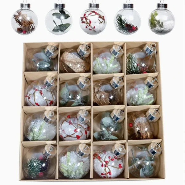 Coffret de 16 boules de Noël transparentes – Décor naturel : neige, baies, pommes de pin et feuillage