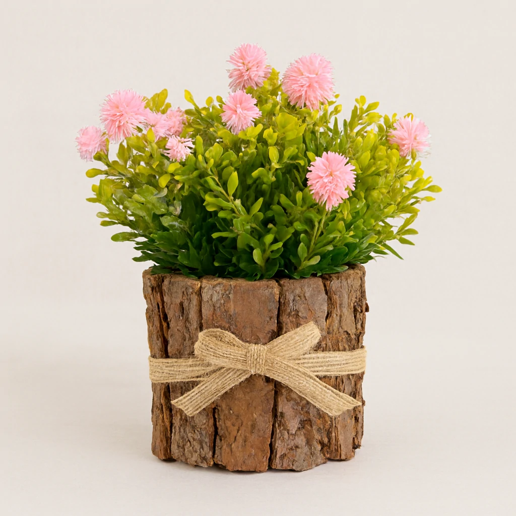 Plante Décorative Artificielle – Fleurs Pompons Roses en Pot Bois Naturel