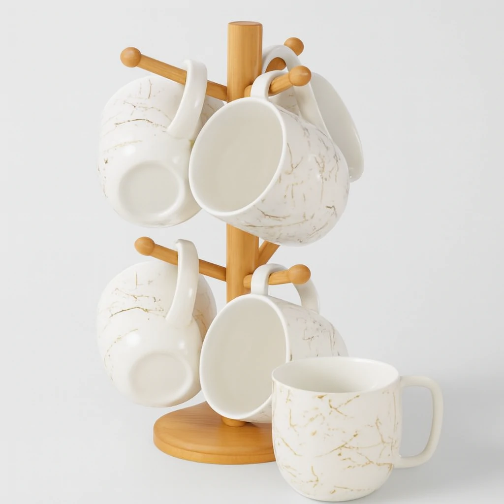 Tasses marbré doré + support en Bambou