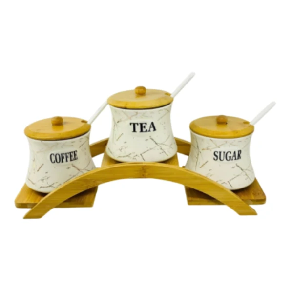 Ensemble de 3 pots en céramique marbrée avec cuillères et support en bois