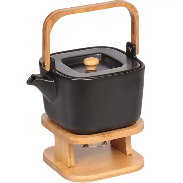 Théière carrée en céramique noire avec support chauffant en bois