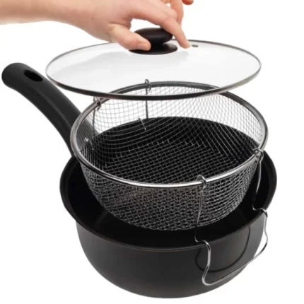 Poêle à frire multifonction avec panier inox et couvercle en verre – 22 cm
