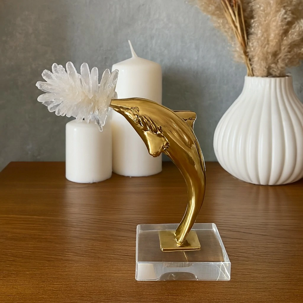 Sculpture décorative dauphin doré avec cristal blanc - Petit
