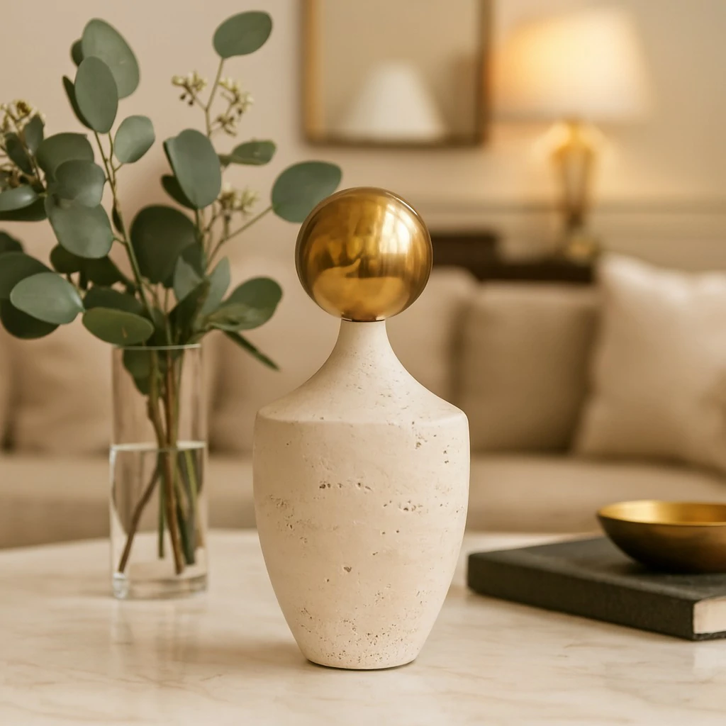 Vase décoratif en pierre naturelle et sphère dorée