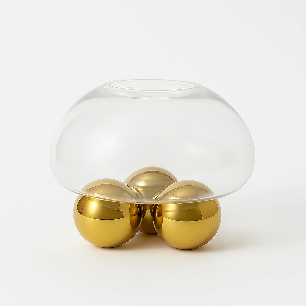 Support décoratif en verre et sphères dorées